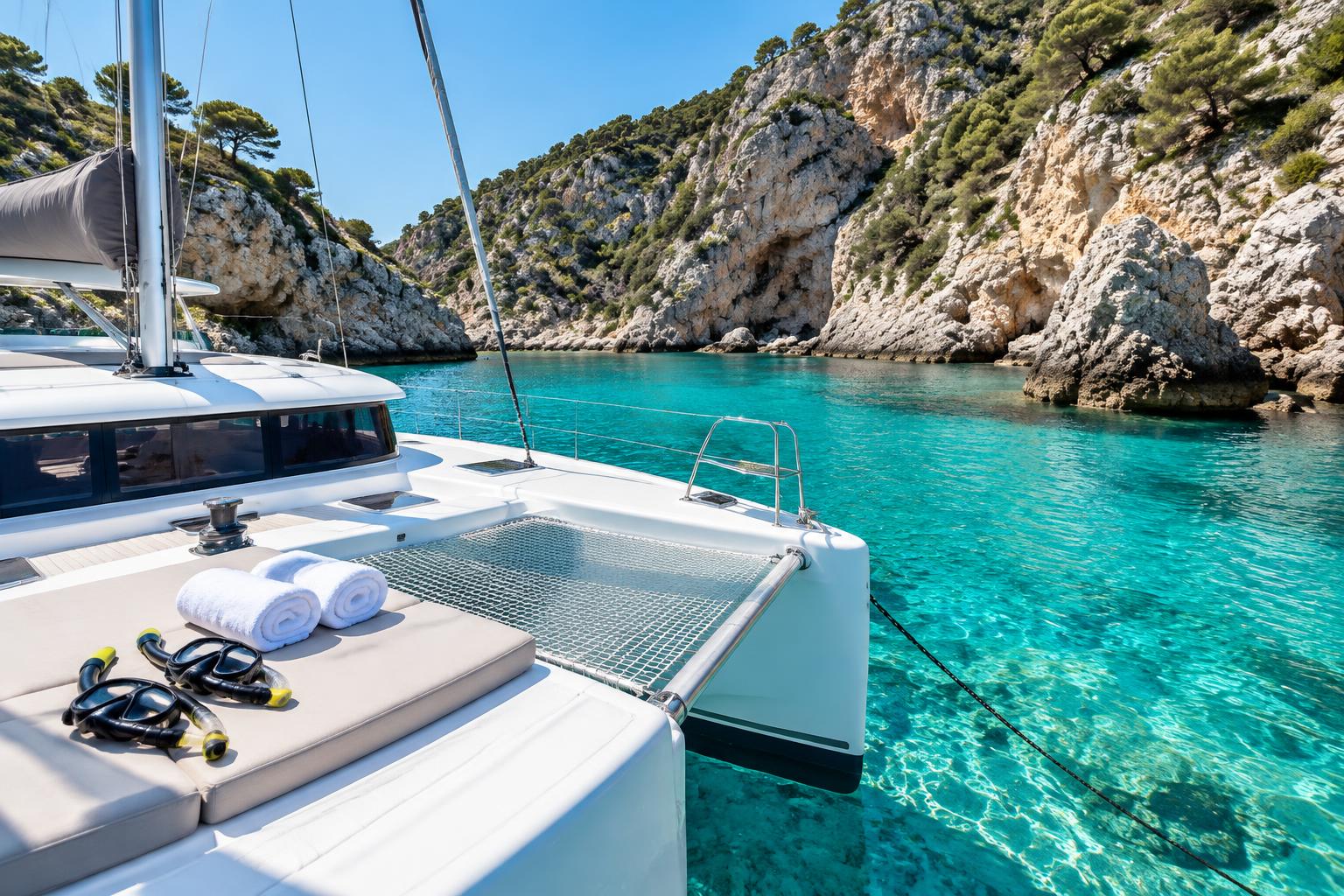 A white catamaran anchored in a turquoise cove beneath rocky cliffs