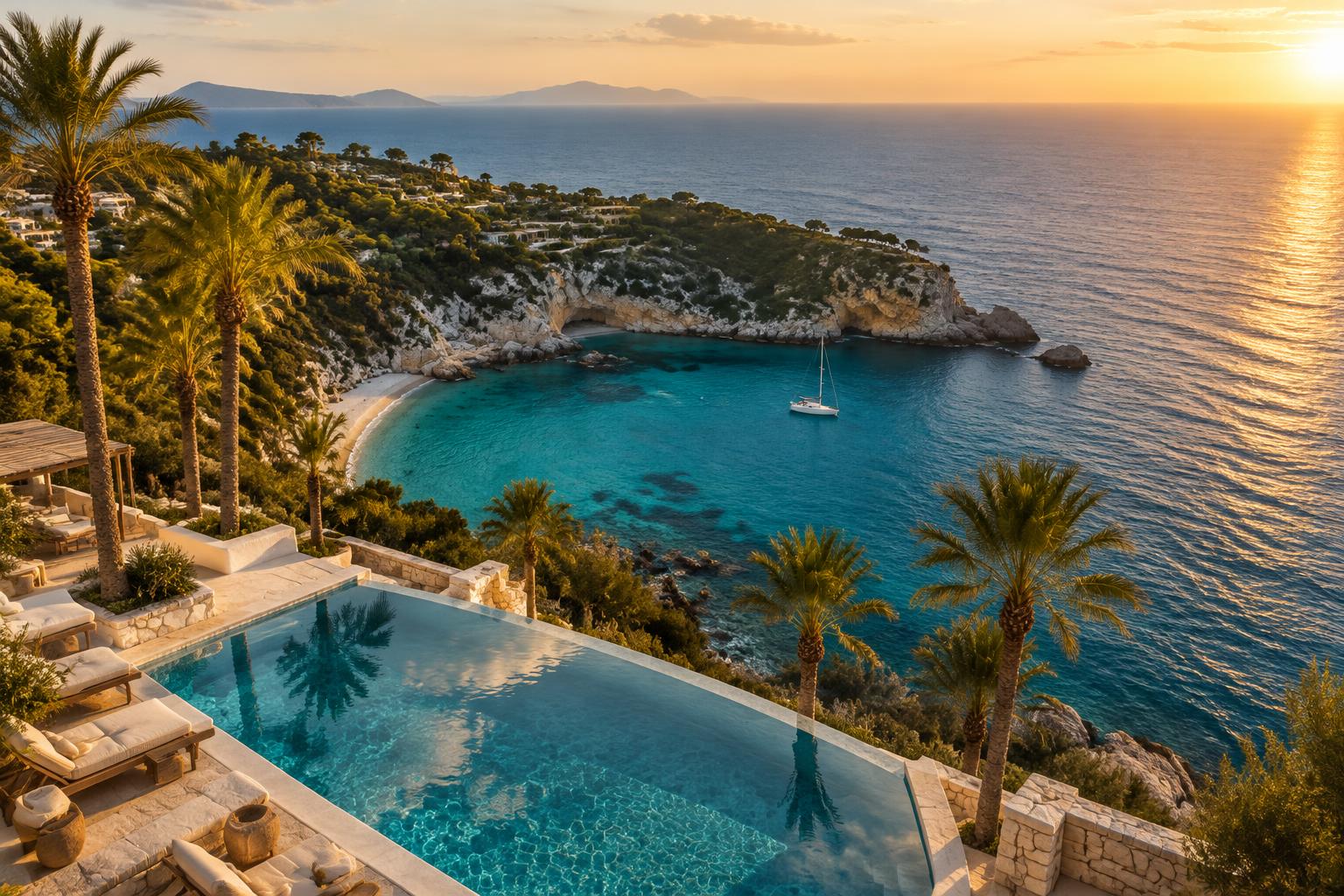 An infinity pool above a turquoise bay at golden hour